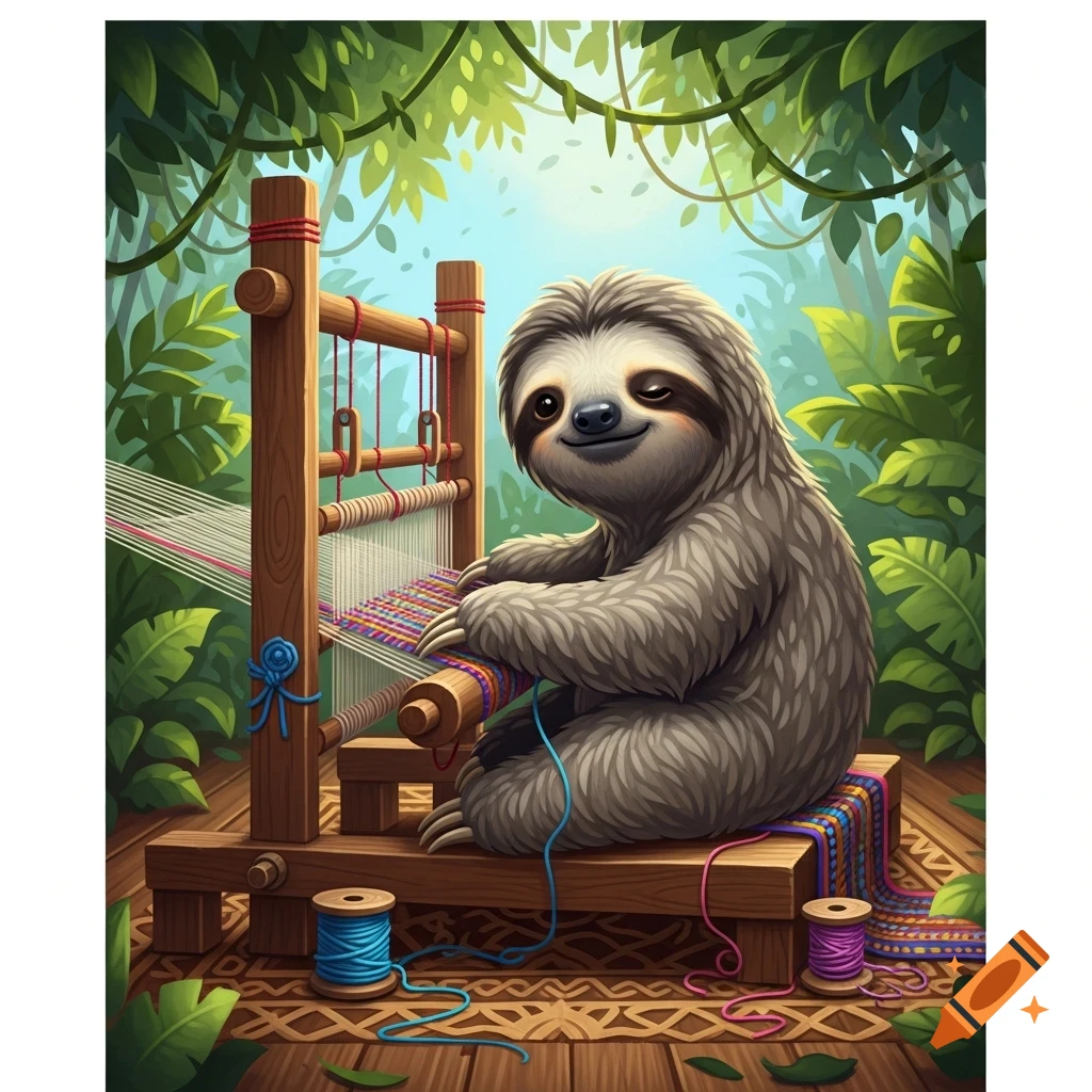 A friendly, cute sloth sits at a traditional wooden loom, weaving colorful fabric in a lush jungle.