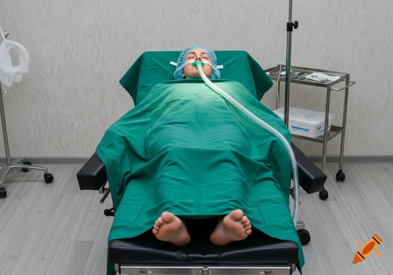 A patient lies under a green surgical drape on an operating table, connected to medical equipment in a sterile room.