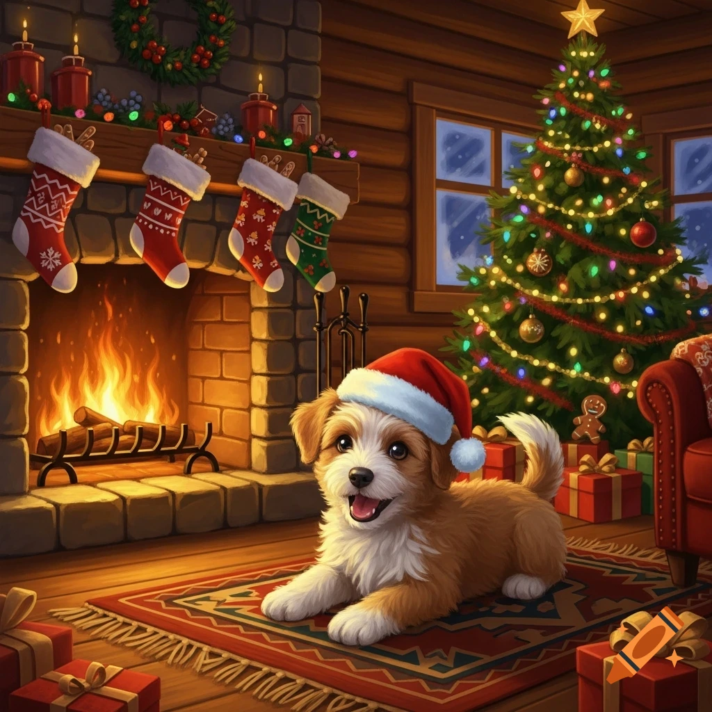 A happy puppy in a Santa hat lies on a rug in front of a fireplace with Christmas stockings and a decorated Christmas tree.