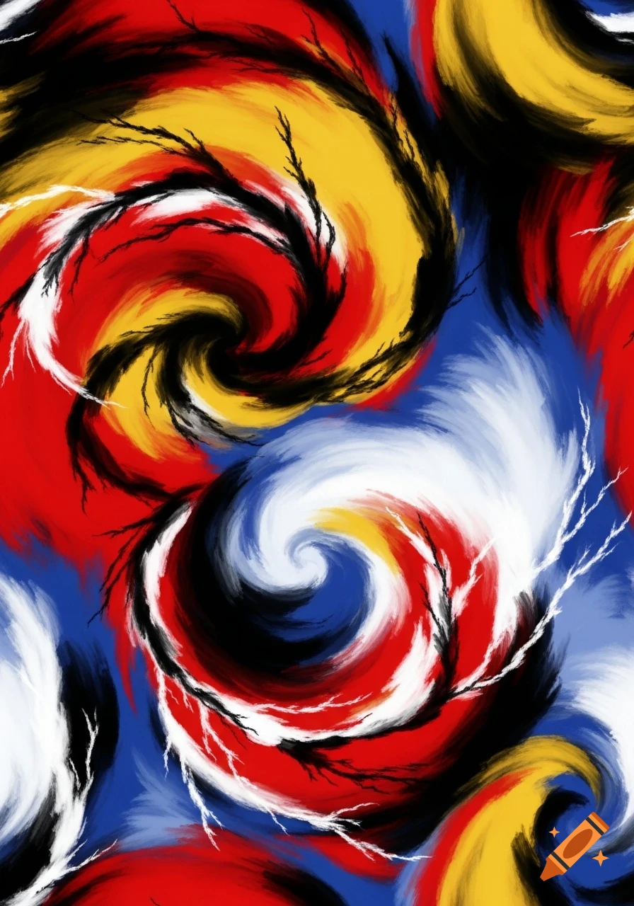 Abstract swirling pattern of red, black, yellow, white, and blue with thin, branch-like elements.
