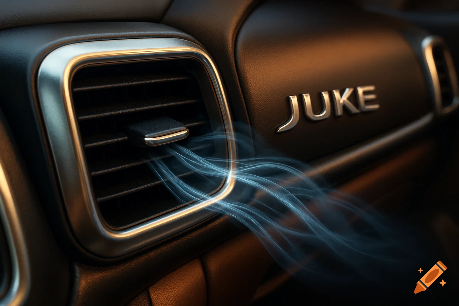 Photorealistic close-up of a car's dashboard and air vent with 'JUKE' logo, cool blue air streams from the vent.