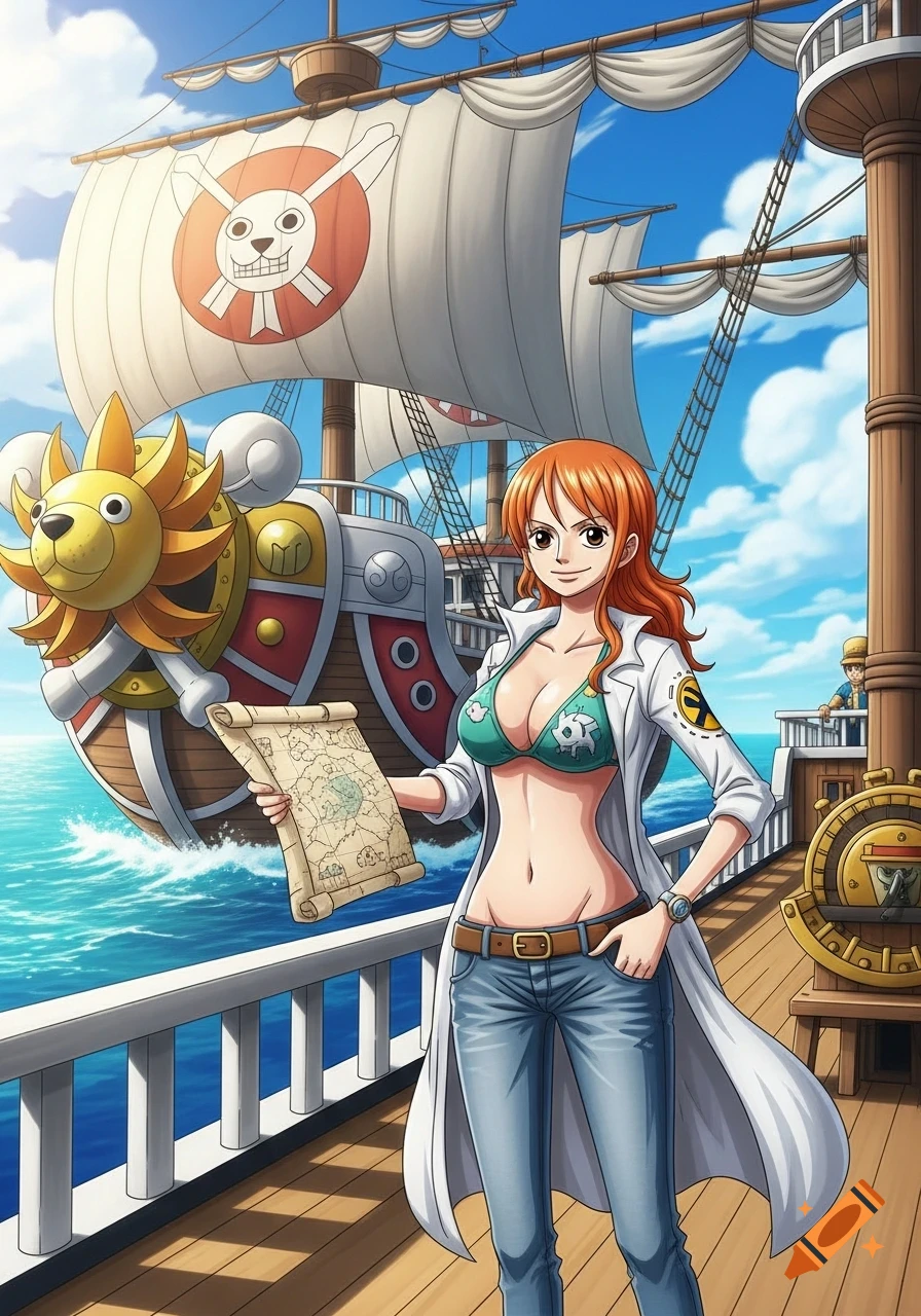 Nami from One Piece stands on the Thousand Sunny deck, holding a map, with the ship's skull and crossbones sail in the background.