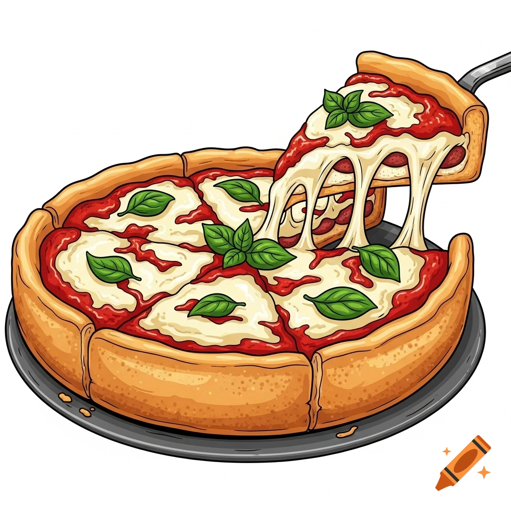 A cartoon Detroit deep-dish pizza with a thick crust, gooey mozzarella, red sauce, and green basil, with a slice being pulled.