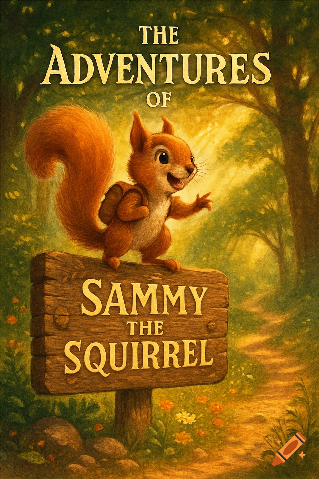 Cheerful cartoon squirrel with backpack on a sign reading 'The Adventures of Sammy the Squirrel' in a sunny forest path, children's book illustration.