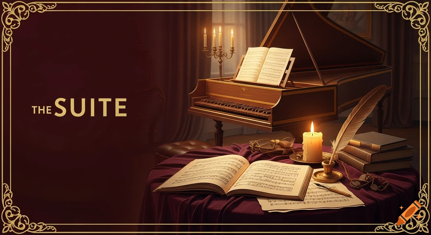A warmly lit room features a grand piano with sheet music, a candelabra, and a draped table with an open music book, quill, and candle. The text 'THE SUITE' is visible, all within a decorative gold border.