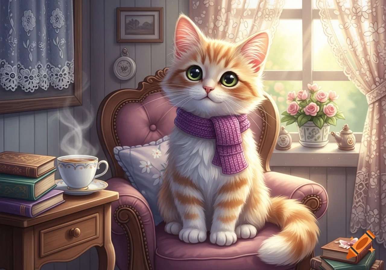 An adorable fluffy orange and white cat with green eyes and a purple scarf sits in a pink armchair in a cozy, sunlit room with books and tea.