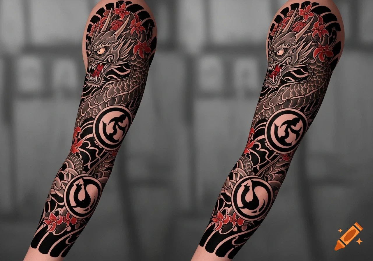 Two arms display detailed Japanese full sleeve tattoos featuring grey dragons, red cherry blossoms, and black wave patterns.