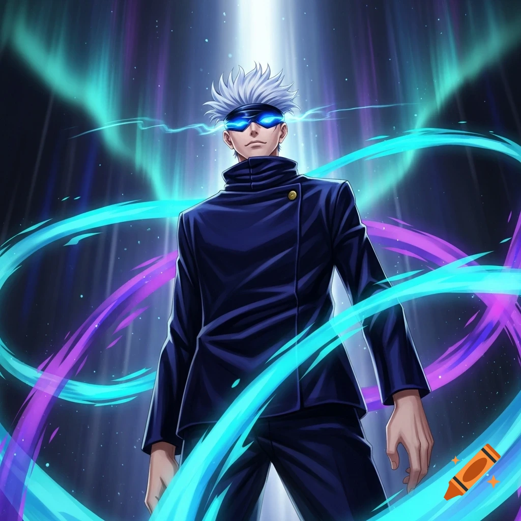 Anime art of Gojo Satoru with white hair and glowing blue eyes, wearing a dark blue uniform, amidst blue and purple energy.