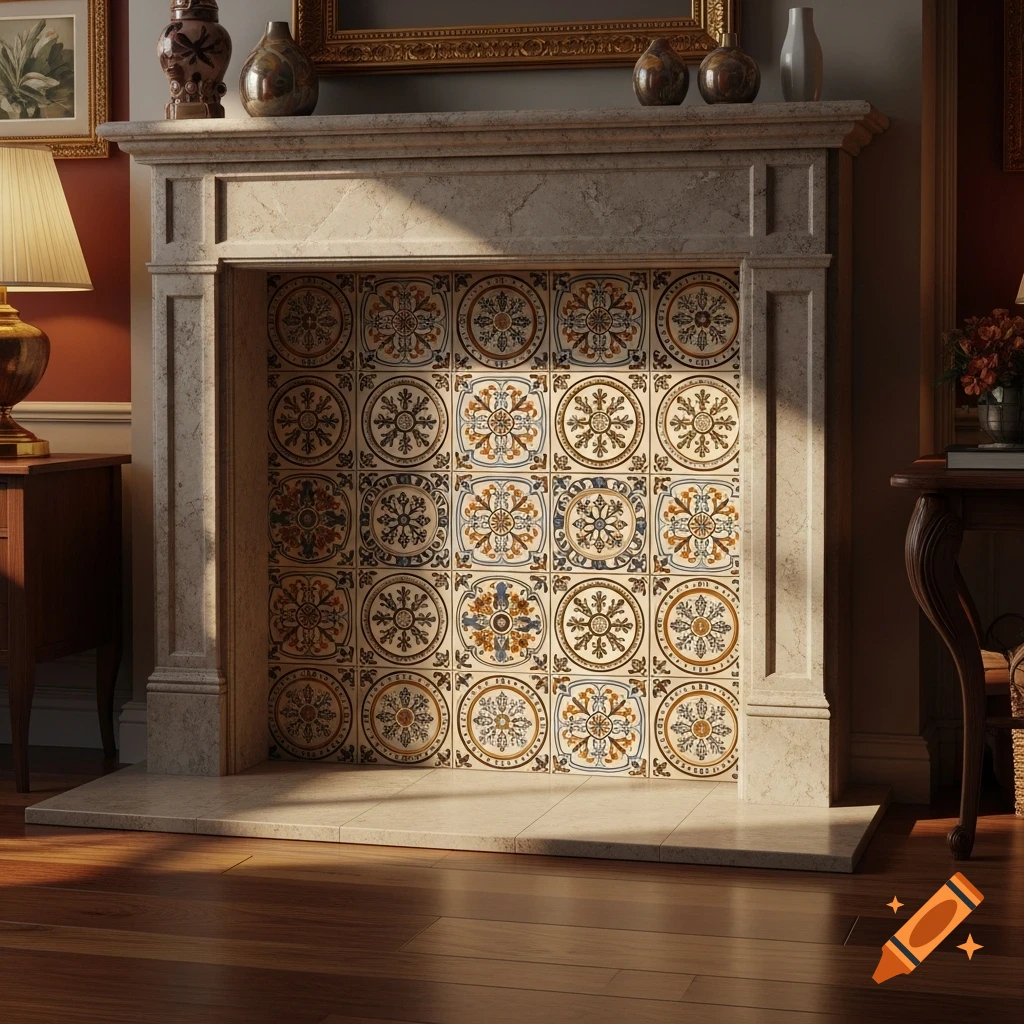 A detailed view of a stone fireplace mantel with colorful patterned tiles inside, bathed in warm sunlight.