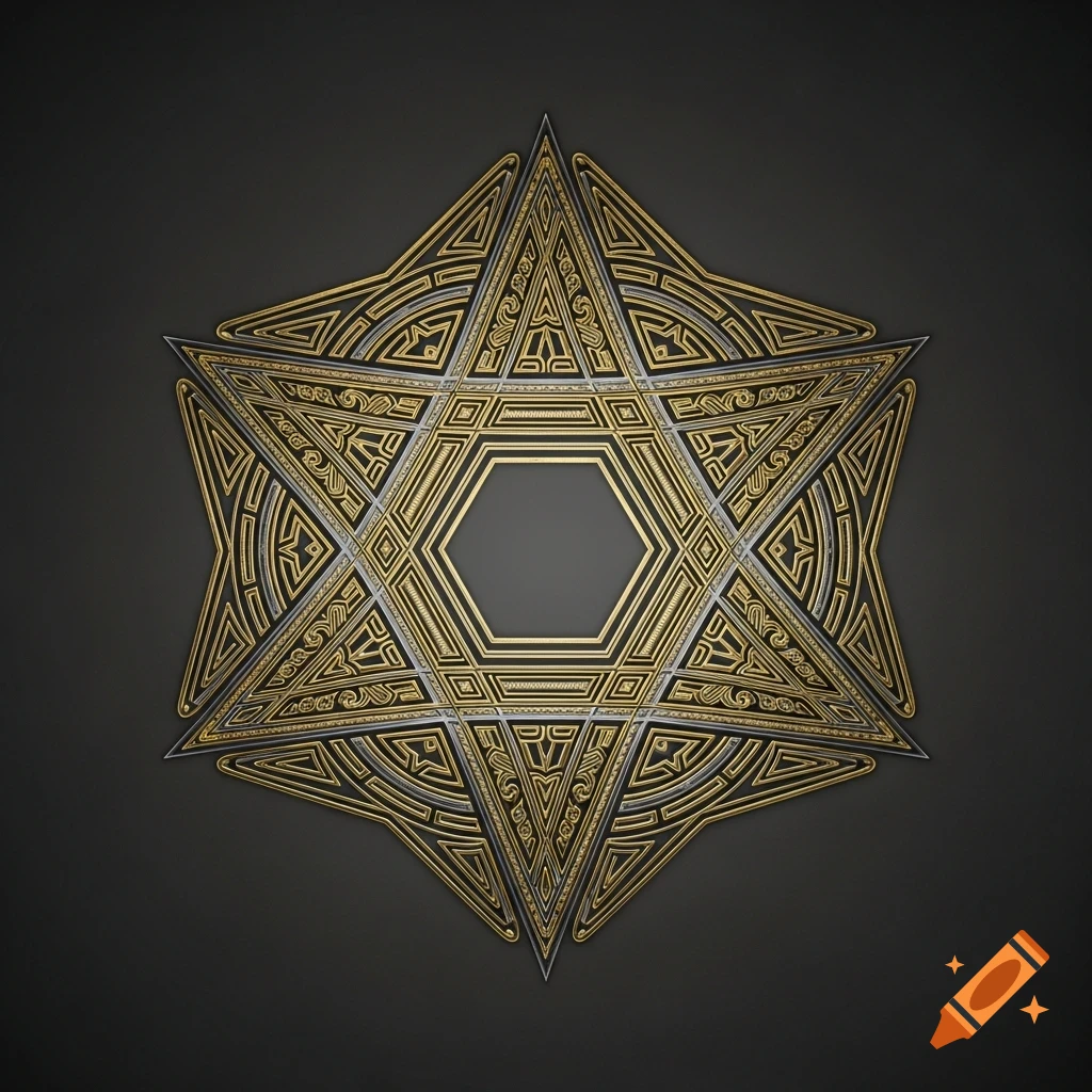 Intricate gold and silver metallic heptagram with delicate engraving patterns on a dark background.