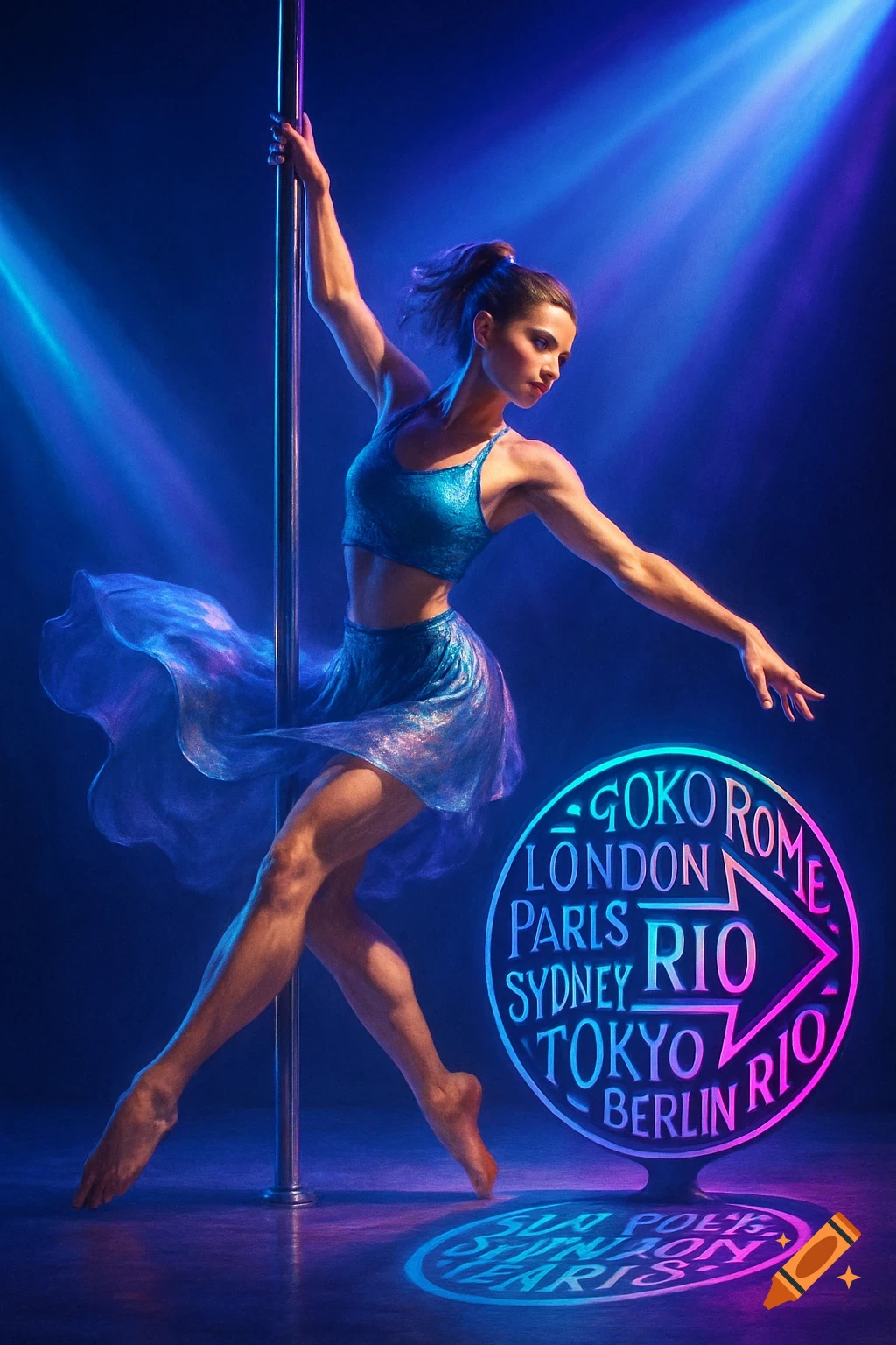 A woman pole dancing under blue and pink stage lights, wearing a sparkling blue top and skirt. A neon sign with city names is beside her.