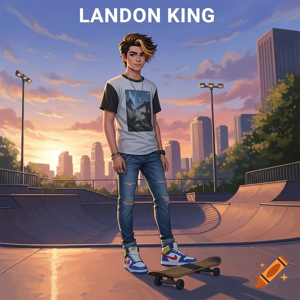 An anime-style teenage boy named Landon King with brown and blonde hair stands with a skateboard in a skatepark at sunset, with a city skyline in the background.