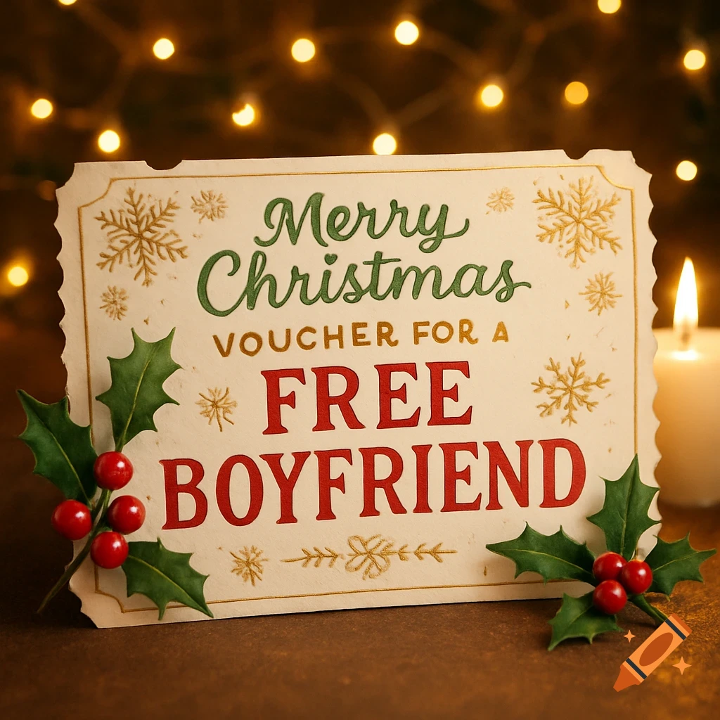 A Christmas voucher with 'Merry Christmas VOUCHER FOR A FREE BOYFRIEND' text, decorated with holly, berries, snowflakes, and festive bokeh lights in the background.