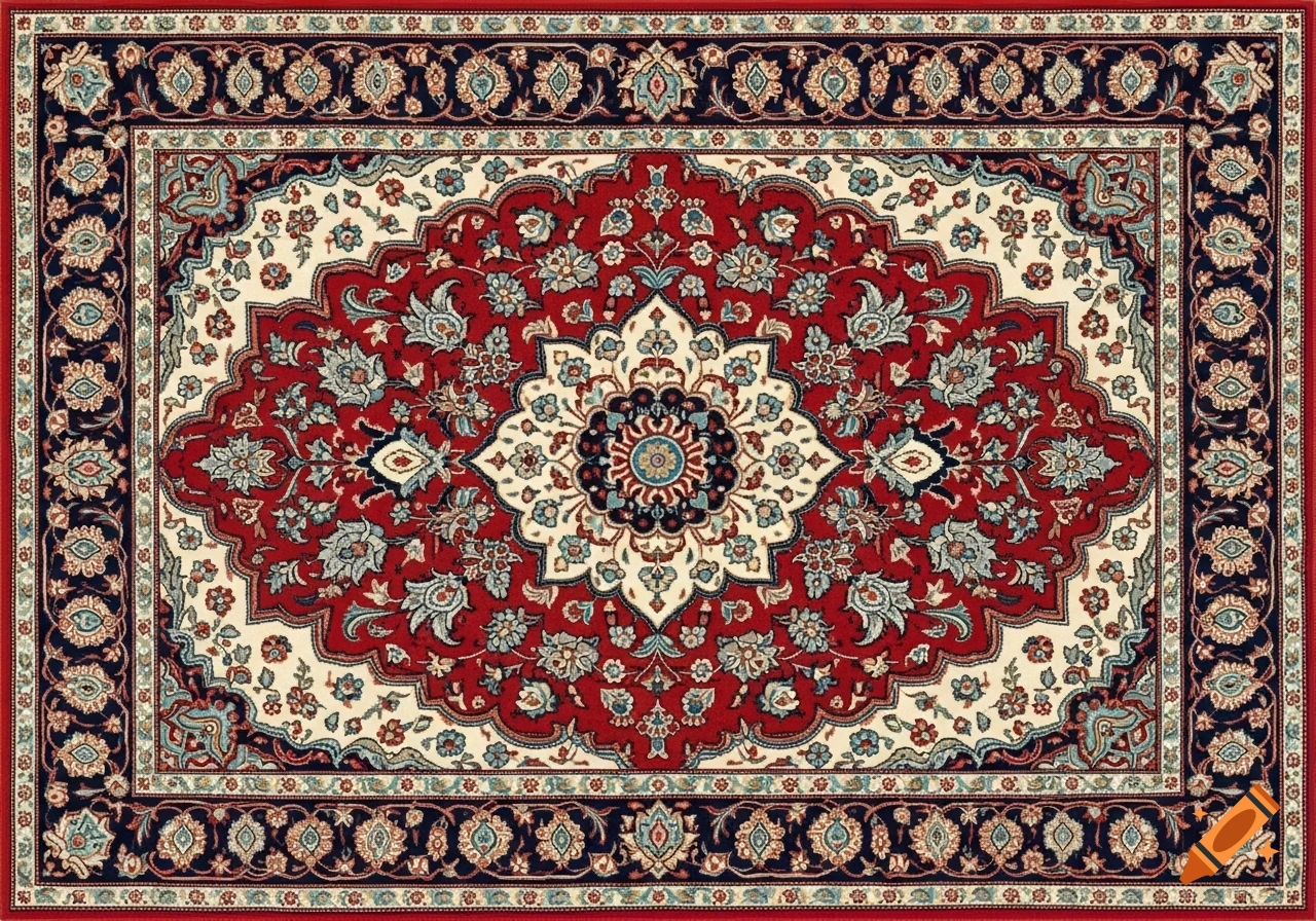A rectangular traditional Persian rug with a central red floral medallion, surrounded by intricate navy, ivory, and turquoise patterns.