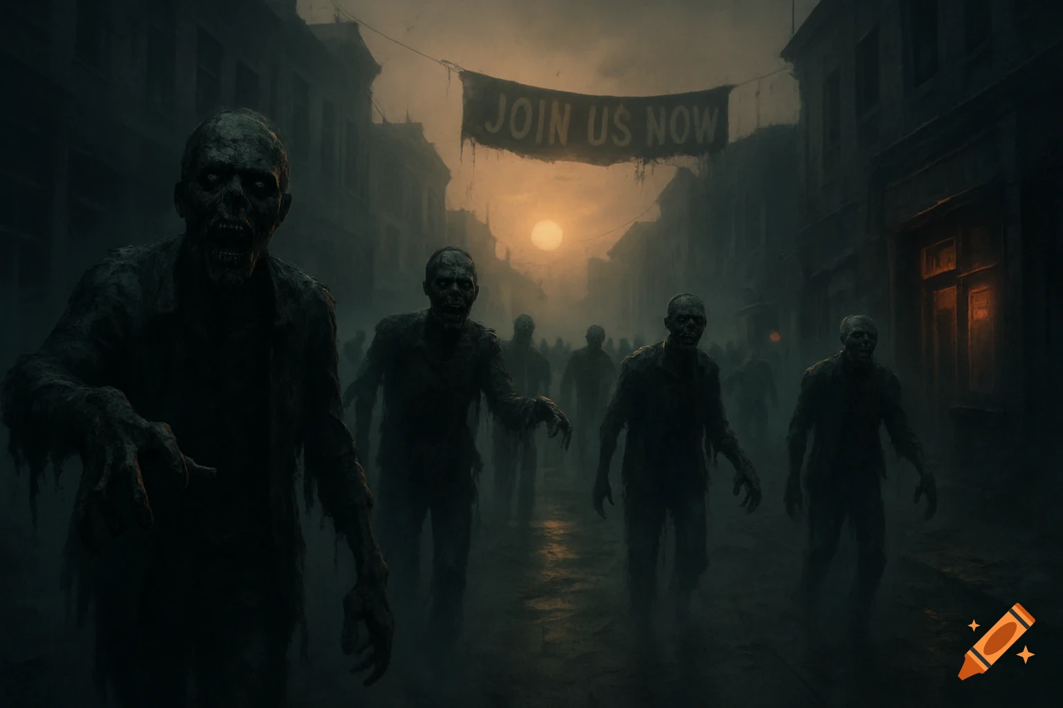 A horde of zombies walks down a dark, misty street at dusk, under a banner reading "JOIN US NOW" in a horror-themed, realistic style.