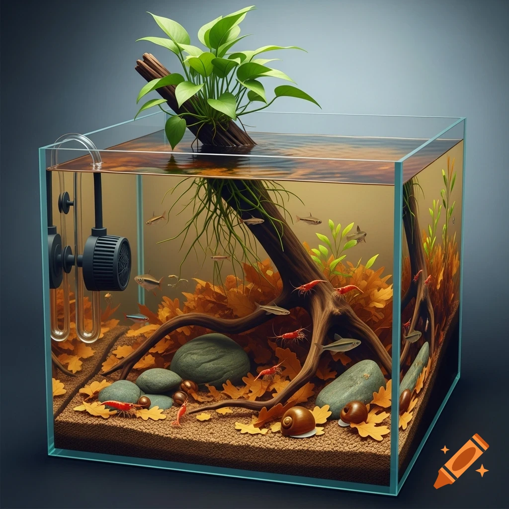 Photorealistic aquarium with a branch, houseplant roots, autumn leaves, rocks, small fish, shrimp, and snails.