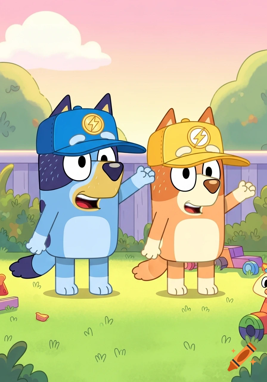 Bluey and Bingo, two cartoon dogs, wear blue and yellow lightning bolt caps while standing in a grassy backyard.