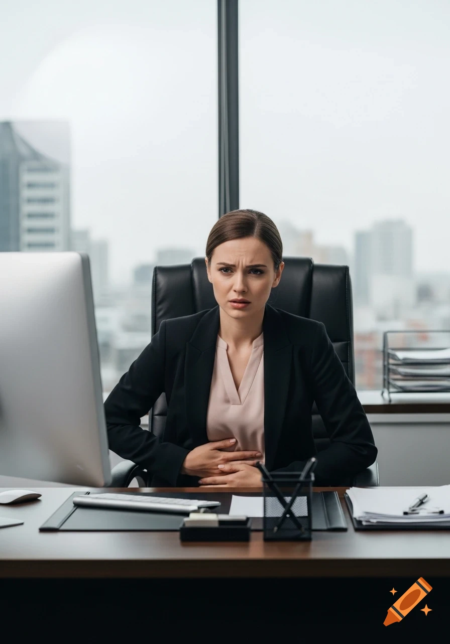 A photorealistic image of a woman in an office, wearing a suit jacket and blouse, sitting at a desk, clutching her stomach with a pained expression, looking directly at the camera.