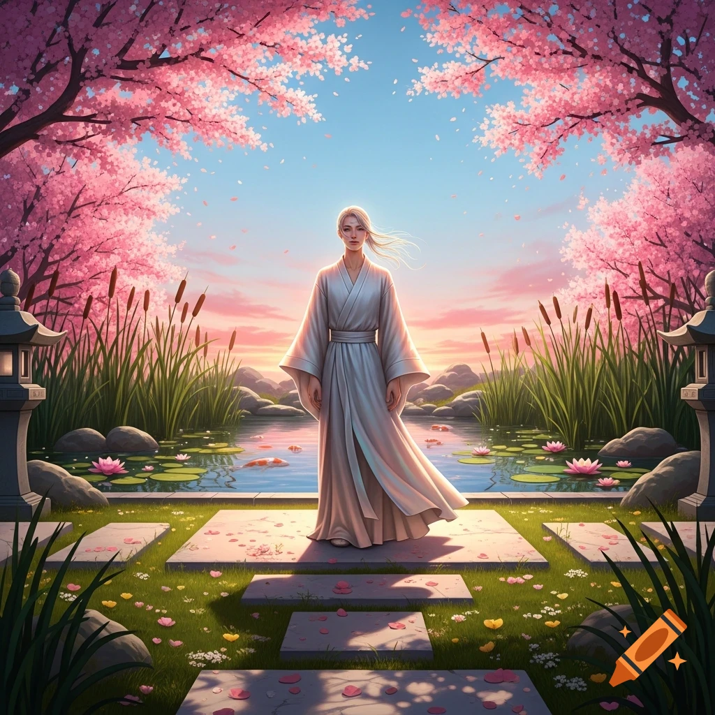 A serene person in a white robe stands on stepping stones in a vibrant Japanese garden with pink cherry blossoms, a pond, and a sunset sky.