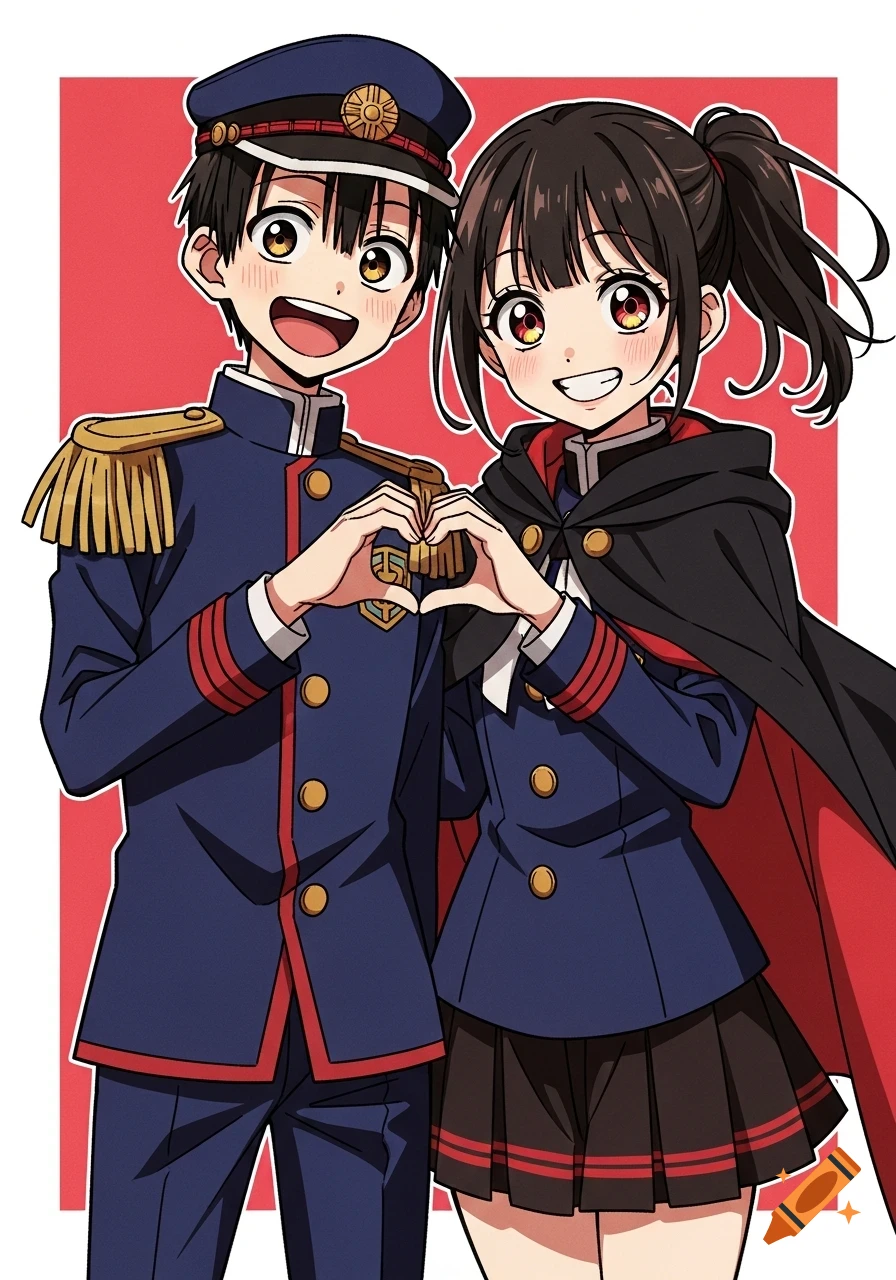 Anime illustration of a smiling boy and girl in navy blue and red uniforms making a heart shape with their hands.