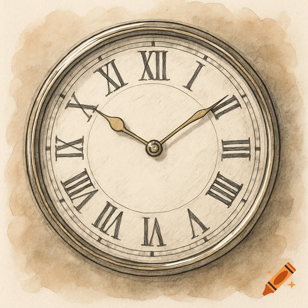 A watercolor sketch of an analog wall clock with Roman numerals, showing approximately 9:50.