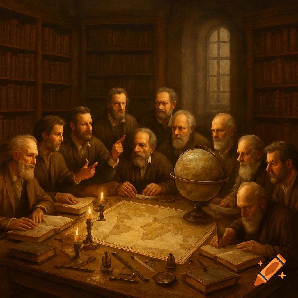 A classical painting depicts scholars gathered around a table in a dimly lit old library, studying maps and a globe by candlelight.