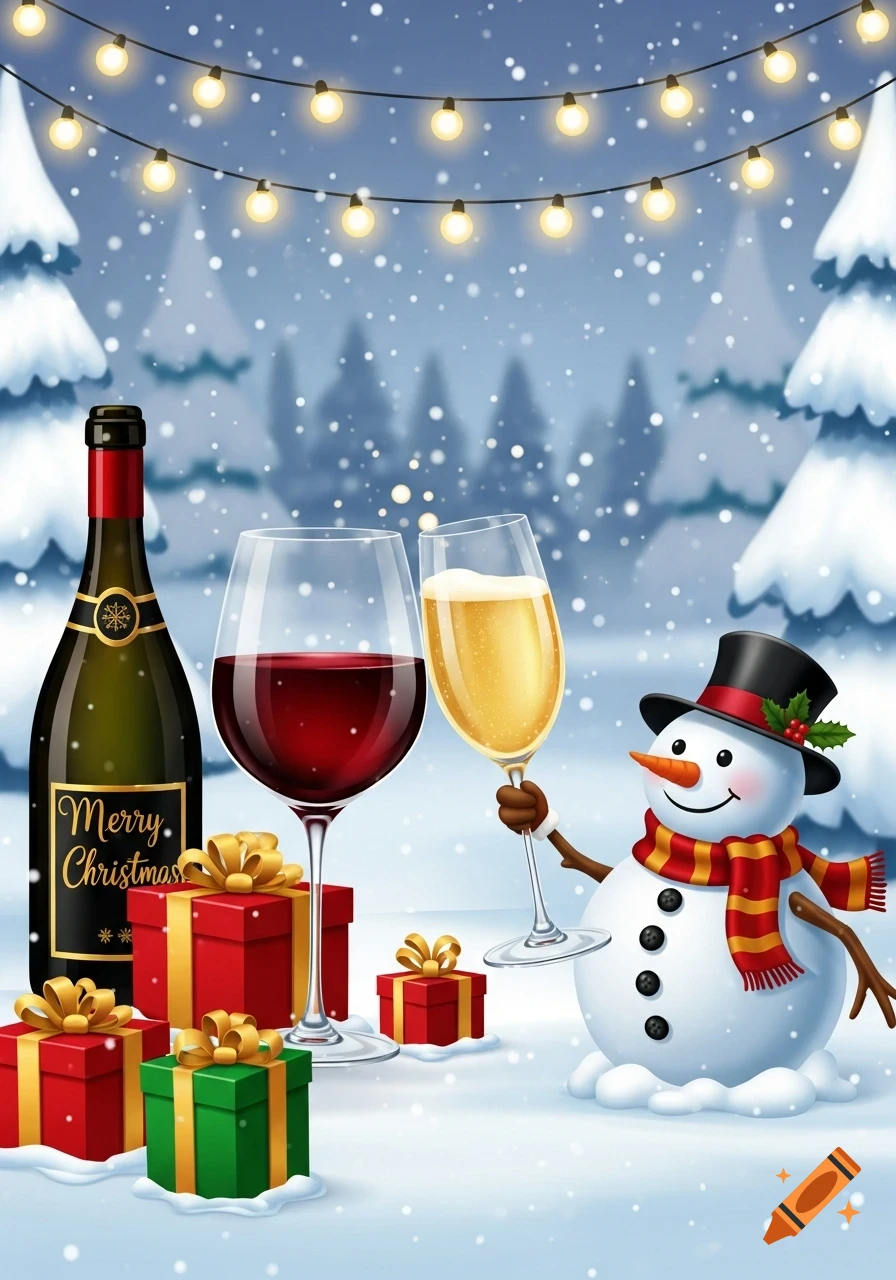 A cheerful snowman toasts with a champagne flute next to a wine bottle, a glass of red wine, and wrapped gifts in a snowy Christmas illustration.