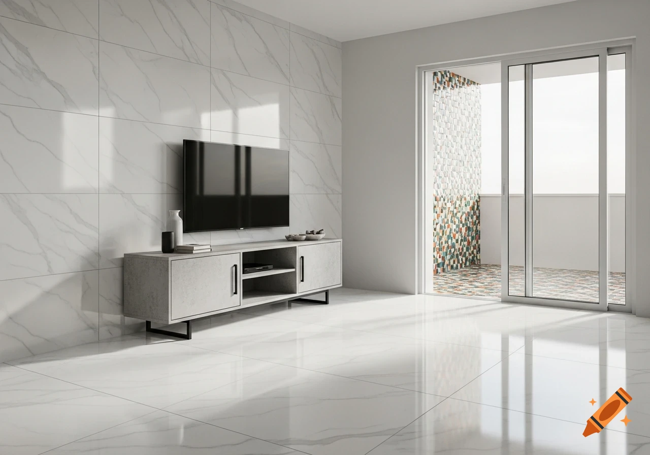 A modern living room with white marble tiles, a gray TV cabinet with a black TV, and a sliding glass door opening to a balcony with colorful mosaic tiles.
