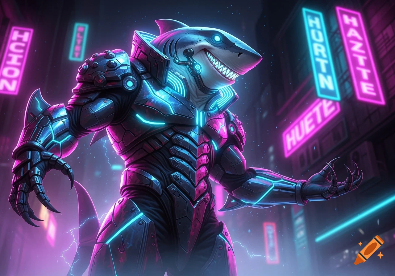 A powerful cyberpunk shark overlord in intricate glowing armor stands against a neon-lit city backdrop.
