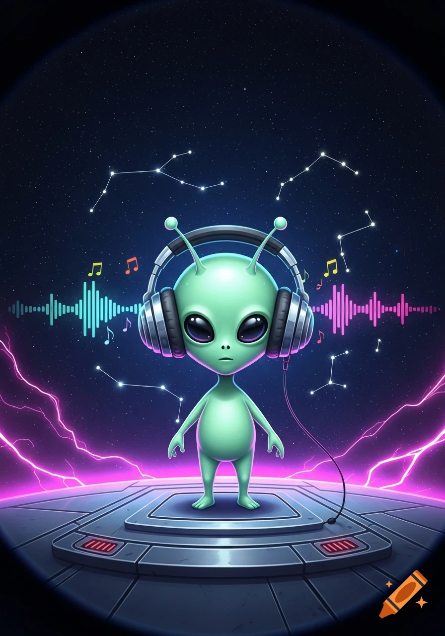 Cute cartoon alien with large headphones stands on a futuristic platform in deep space with constellations, sound waves, and purple lightning.