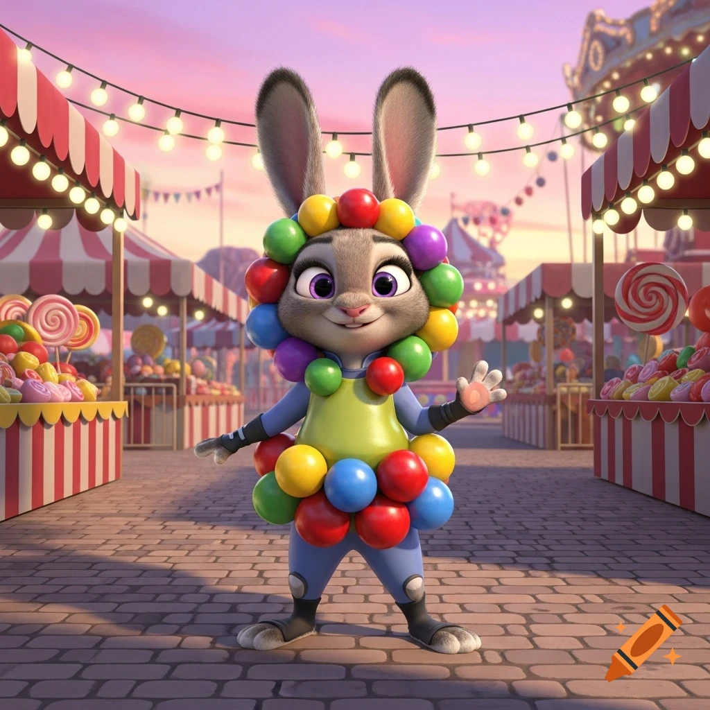 Judy Hopps in a colorful gumball costume stands smiling at a vibrant carnival with candy stalls at sunset.
