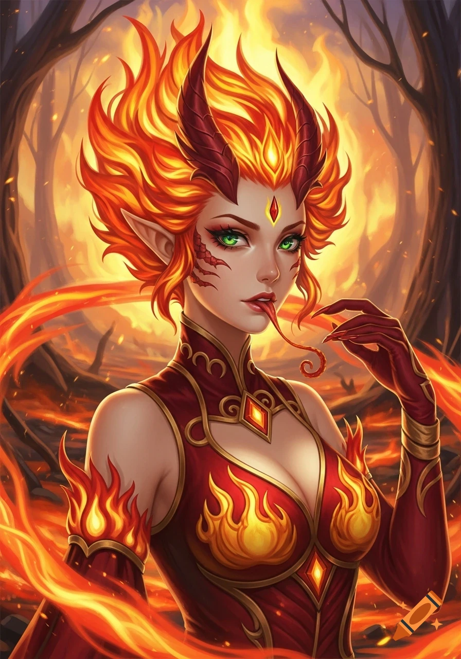 An anime fire princess with fiery hair and horns, green eyes, pointed ears, and a long, forked snake tongue, stands in a burning forest.