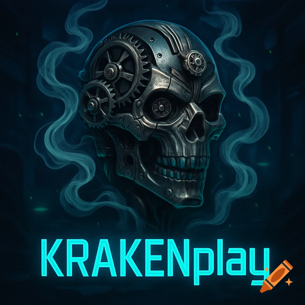 A detailed steampunk skull with gears and metal plating, emitting green smoke, above the neon text KRAKENplay.
