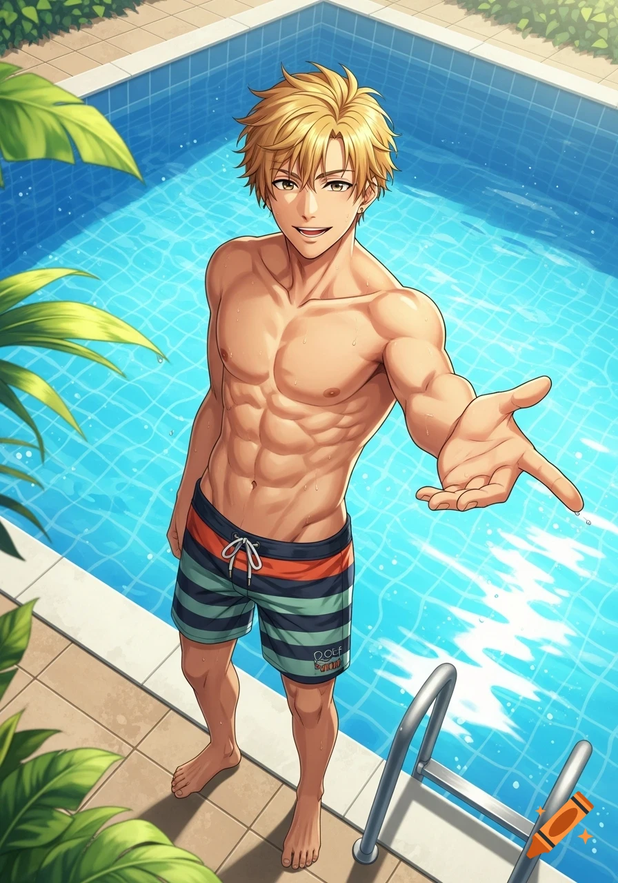 A muscular blond anime man in striped swim trunks smiles and reaches out from a poolside with tropical plants.
