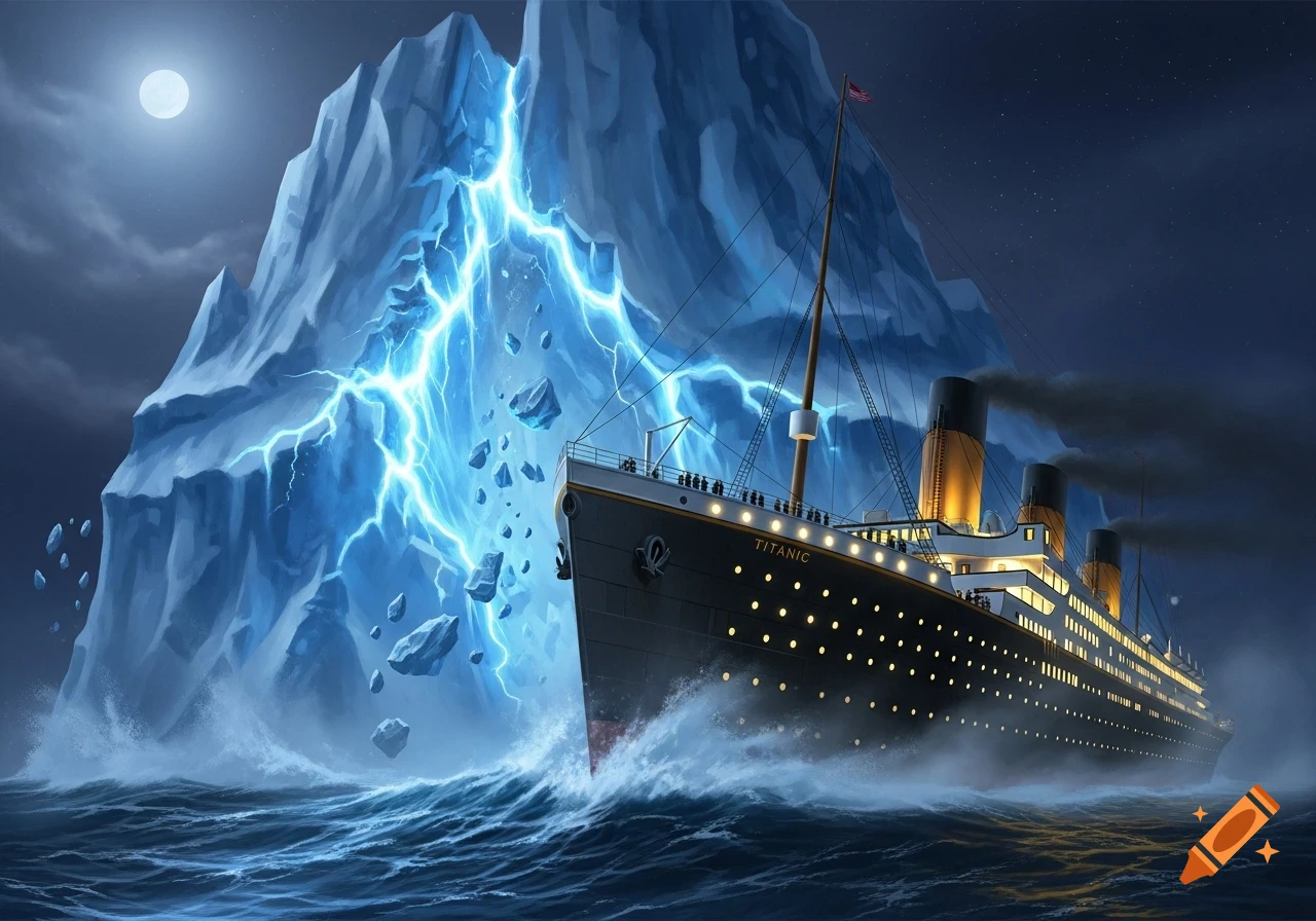 The Titanic sails past a massive iceberg cracking with blue lightning at night, stirring the stormy sea.