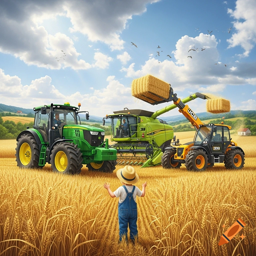 A small child in a straw hat and overalls stands in a golden wheat field, looking at a green John Deere tractor, a green combine harvester, and a yellow JCB telehandler stacking hay bales under a blue sky.