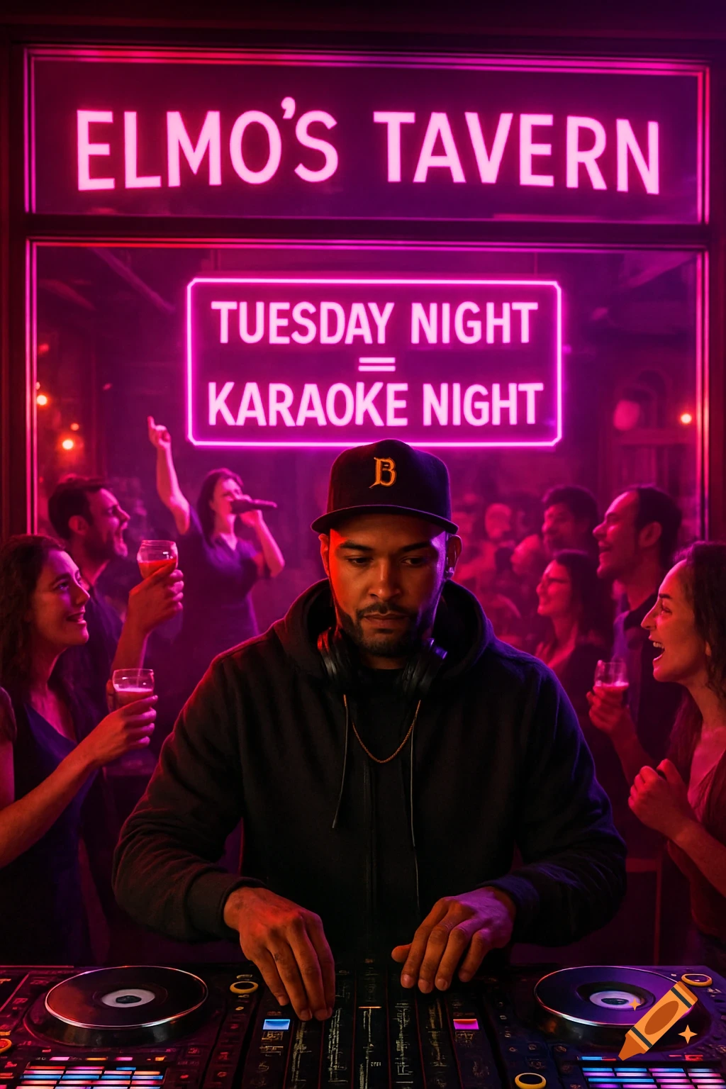 A DJ works turntables at Elmo's Tavern during a vibrant Tuesday night karaoke event, with a crowd and neon signs.