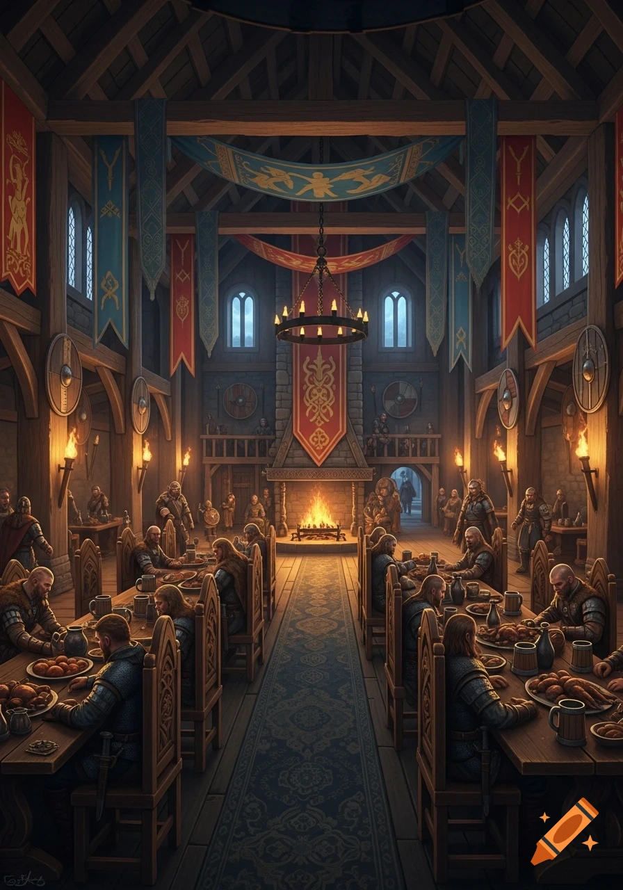 An ornate Viking hall interior with long tables of armored warriors feasting by a fireplace, illuminated by a chandelier and torches.