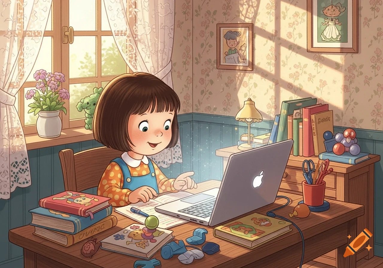 A cartoon girl with short brown hair sits at a wooden desk, pointing at a glowing laptop screen. Books, a pen, and various craft items are scattered on the desk in a sunlit room.