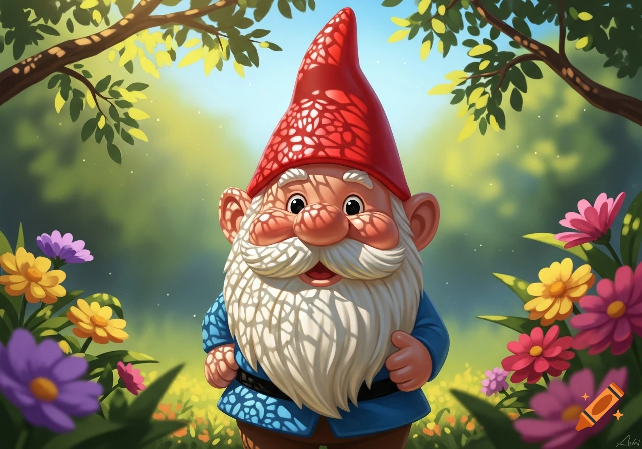 A cheerful garden gnome with a red hat and white beard smiles in a lush garden filled with colorful flowers.