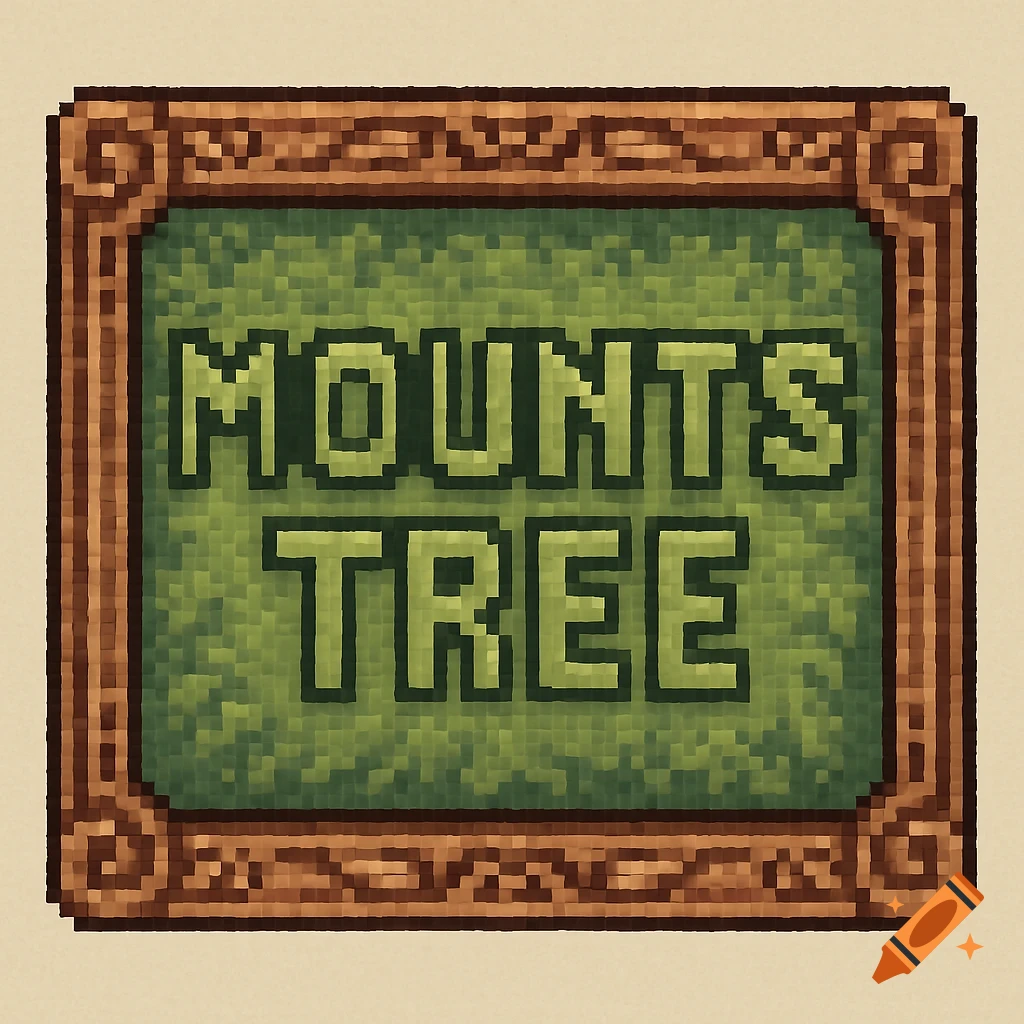 A pixel art sign with a decorative brown frame and a green background displaying the words "MOUNTS TREE" in a blocky font.