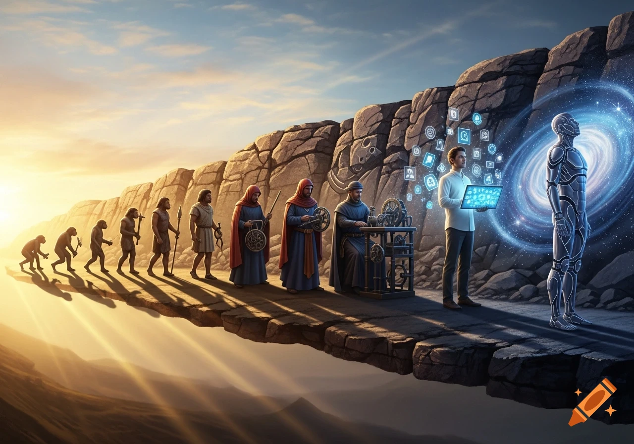 Evolution of humankind on a cliff path: apes to early humans, cloaked figures with tools, a modern man with a laptop, and a glowing robot, under a sunset sky.