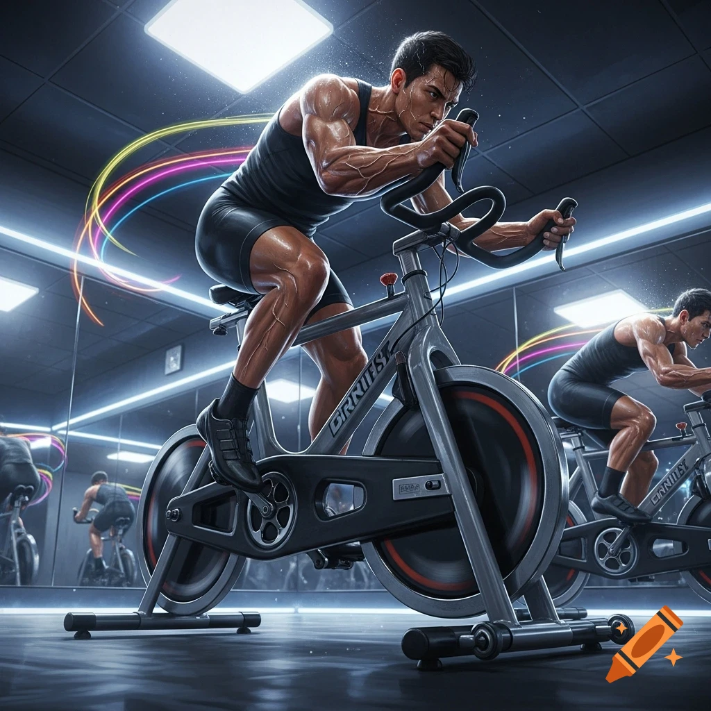 A muscular man intensely rides a spinning bike in a dimly lit gym with neon light trails, reflected in mirrors.
