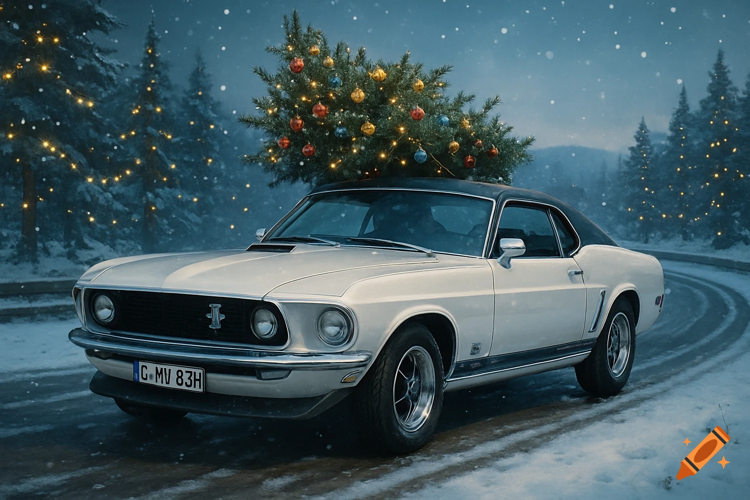 A white 1969 Ford Mustang with a Christmas tree on its roof drives on a snowy road at dusk, surrounded by illuminated pine trees.