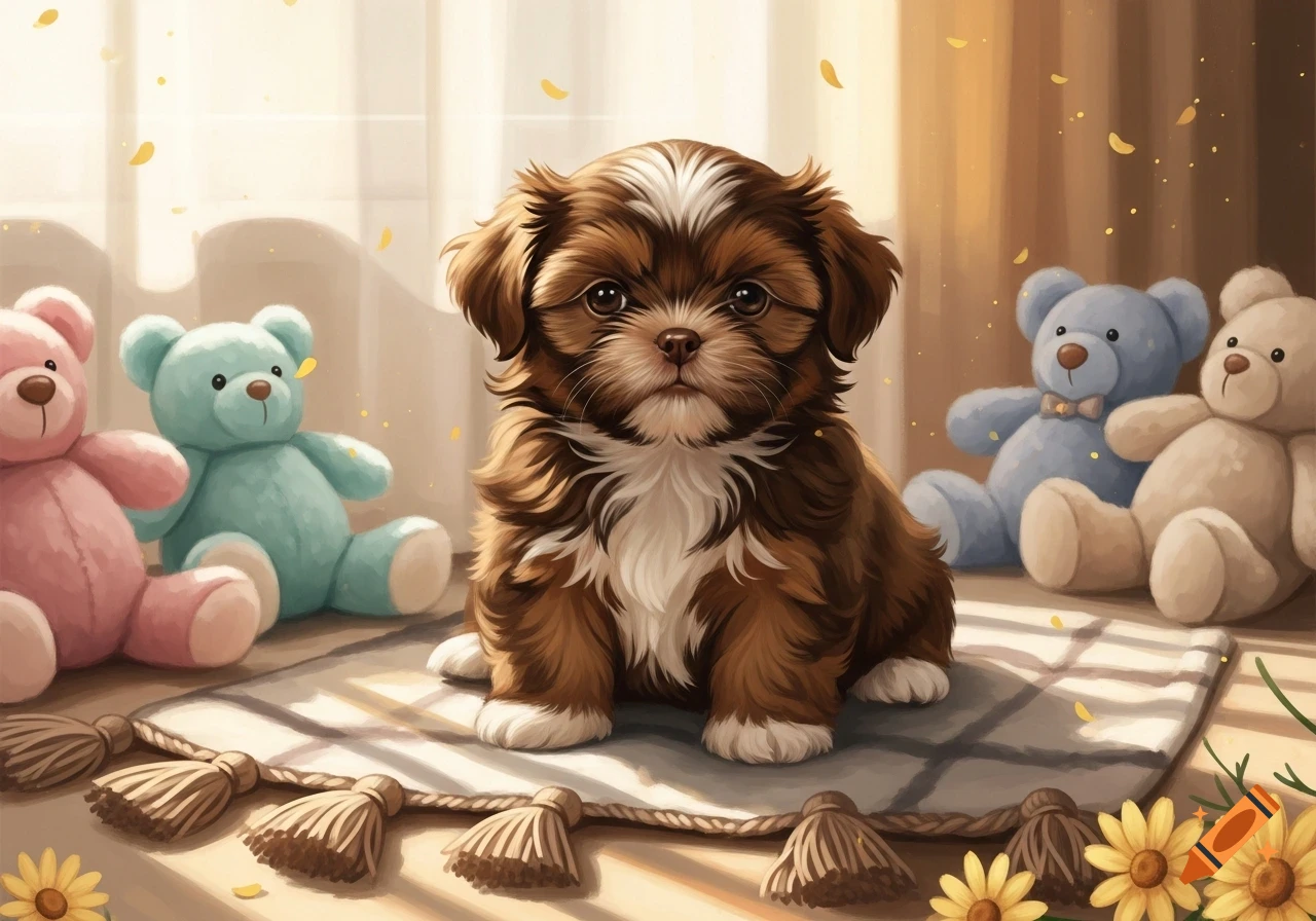 A fluffy chocolate brown Shih Tzu puppy with white markings sits on a tasseled rug surrounded by pink, blue, and cream teddy bears and yellow flowers.