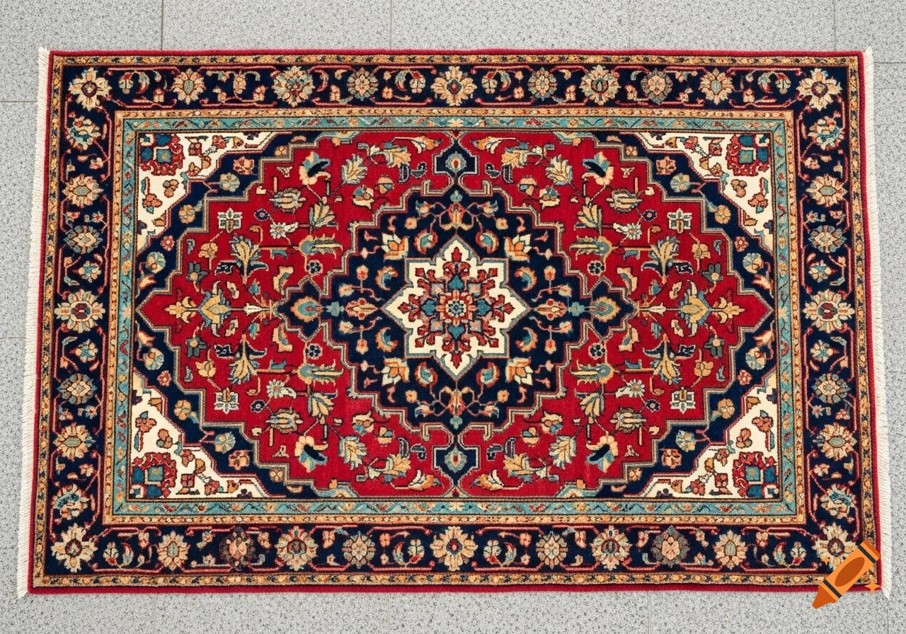 A rectangular Persian-style carpet with a central medallion and intricate floral, geometric patterns in deep red, navy blue, ivory, turquoise, and gold.