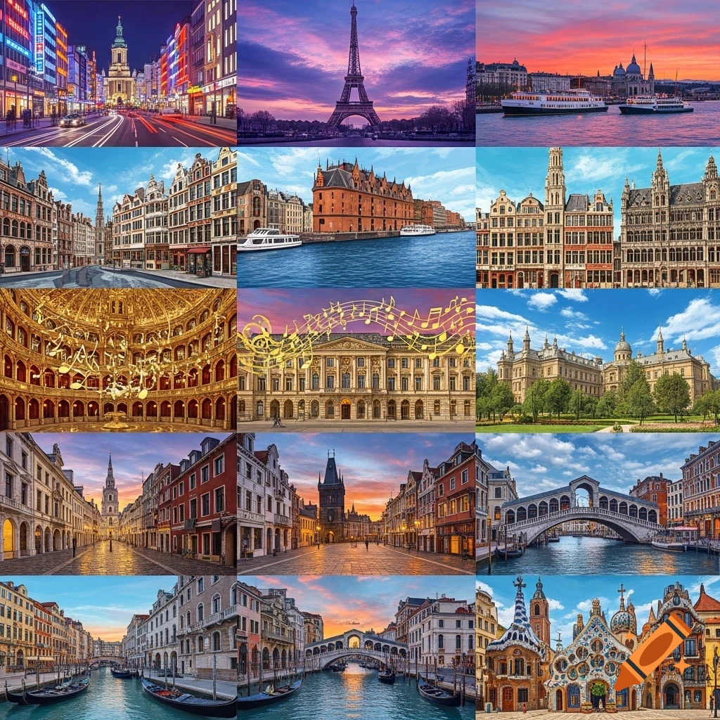 A vibrant grid collage featuring iconic European cityscapes, including the Eiffel Tower, Venetian canals, and bustling street scenes at various times of day.