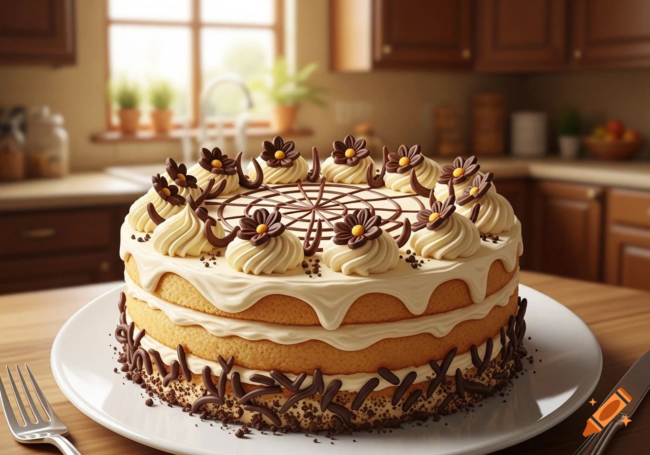 Photorealistic vanilla cake with cream cheese frosting, chocolate blossoms, and cookie crumbles on a white plate in a kitchen.