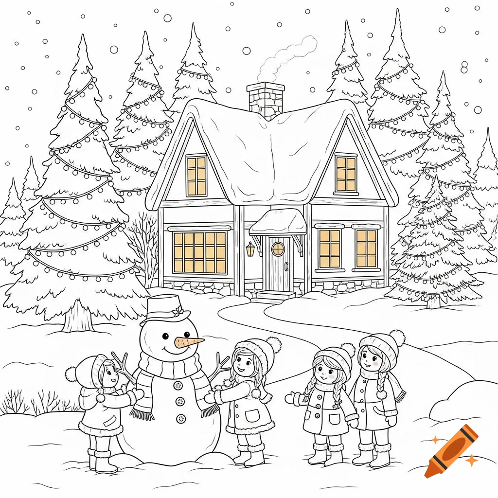 Line art of children building a snowman outside a snowy house with Christmas trees, a winter coloring page.