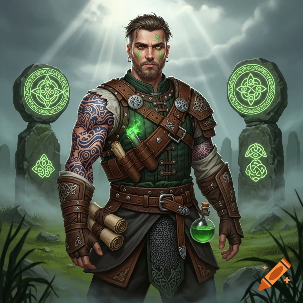 A rugged man in green and brown leather armor with Celtic knot tattoos and glowing green face symbols stands between two glowing runic stones in a mystical setting.